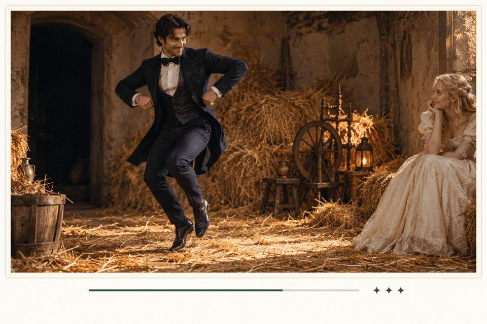 AI-generated tutorial illustration of a straw-corner dance scene with a rendering progress bar