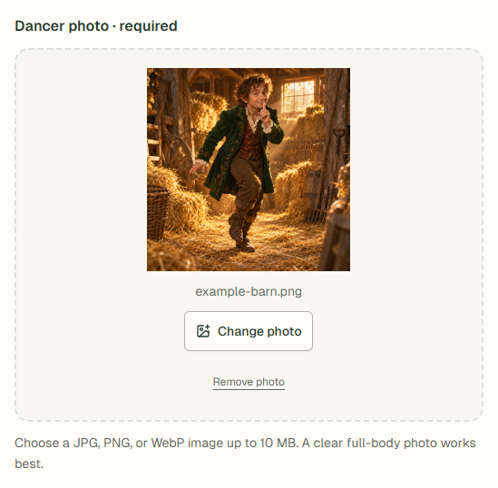 Maker screenshot showing a selected example dancer photo, the Change photo button and the 10 MB file limit