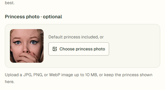 Maker screenshot showing the included princess, Choose princess photo button and optional photo upload instructions