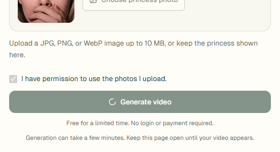 Maker screenshot showing photo permission and the Generate video button during a sample generation